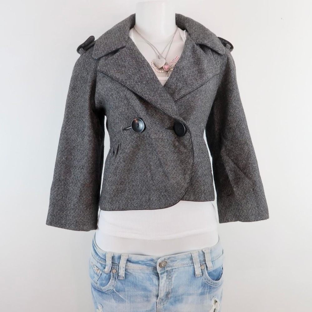 y2k grey herringbone cropped blazer jacket fitted peacoat